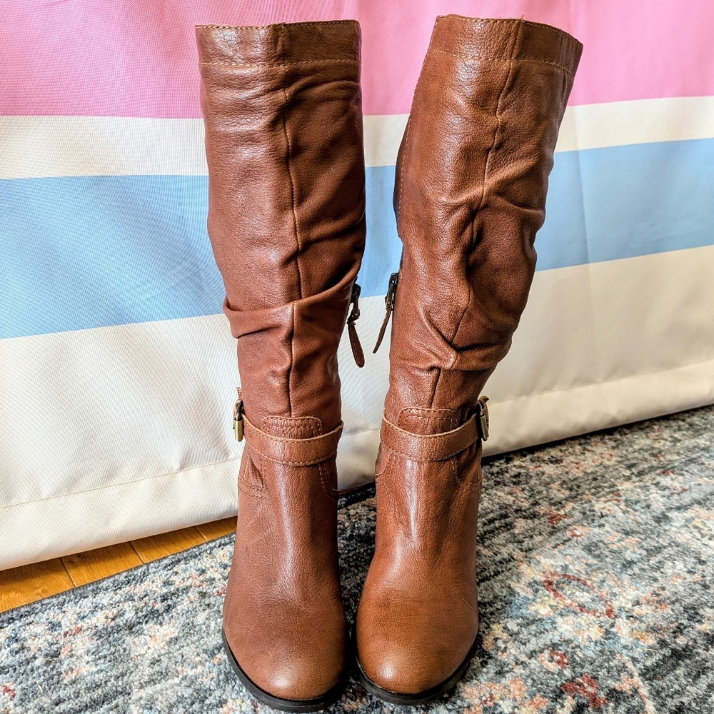 Guess Magy Brown Leather Scrunch Boots Buckled Heeled Western Rustic Fall Y2K 8 - Picture 2 of 11